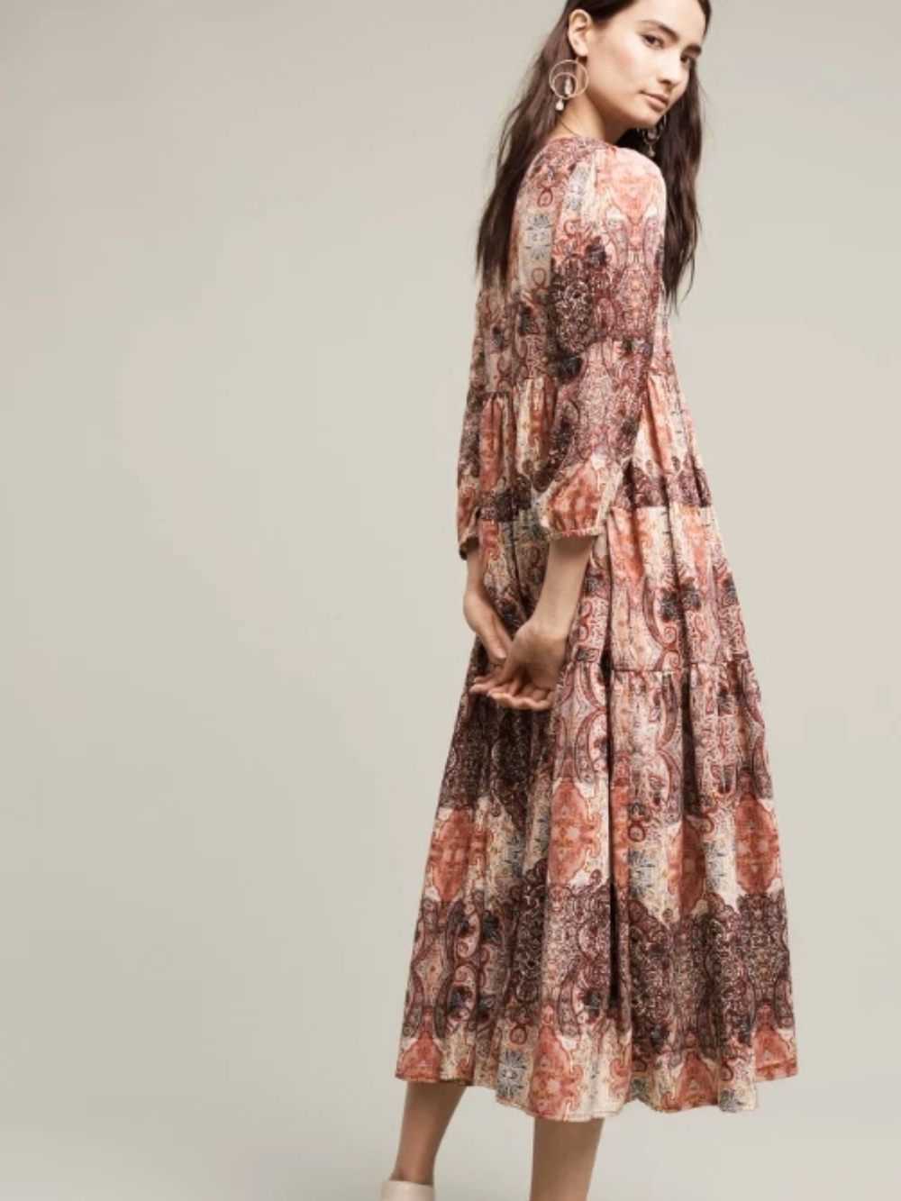 Anthropologie Ragu Paisley Print Pink Motif Tiered Maxi Dress Tassels Size M - Picture 16 of 16